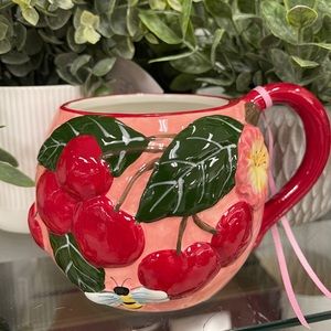 Blue Sky Clayworks Pink Cherries with Bee and Flowers Ceramic Mug NWT